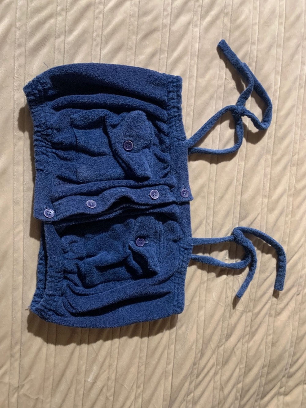 True Vintage 60s 70s Blue Terry Cloth Romper Playsuit Tie Straps Size S